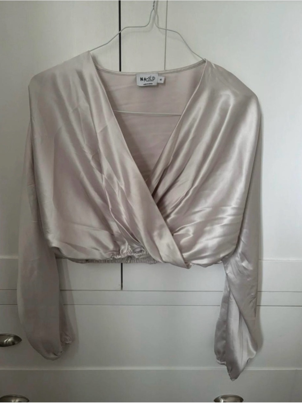 NA-KD Luxe Satin Wrap Crop Top in Light Champagne